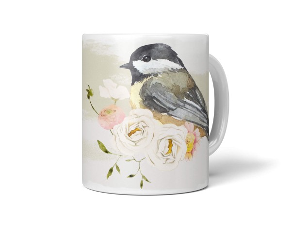 Dekorative Tasse mit schönem Vogel Motiv Schwarzkopfmeise Meise Singvogel Blumen Blüten