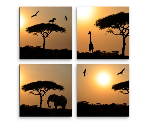 4 teiliges Leinwandbild je 30x30cm - Akazienbaum Afrika Sonnenuntergang Wüste Giraffe Elefant