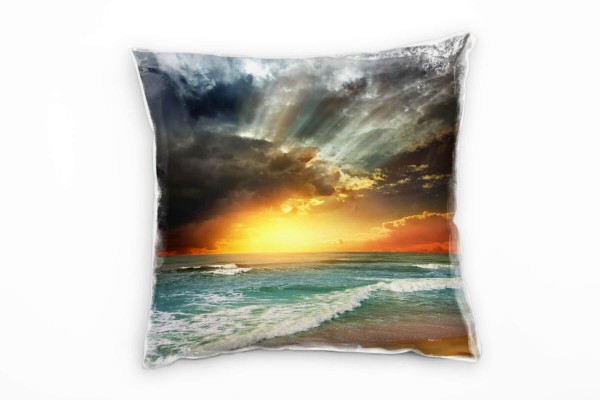 Strand und Meer, türkis, orange, Sonnenuntergang Deko Kissen 40x40cm für Couch Sofa Lounge Zierkisse