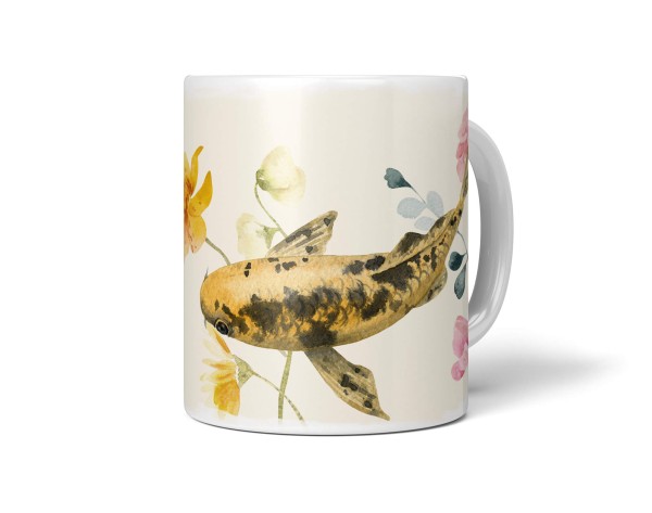 Dekorative Tasse mit schönem Motiv goldener Koi Blumen Blüten Kunstvoll Wasserfarben