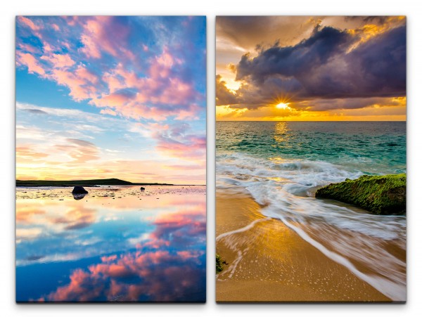 2 Bilder je 60x90cm Meer Horizont Sonnenuntergang rosa Wolken Strand Entspannend Eintracht