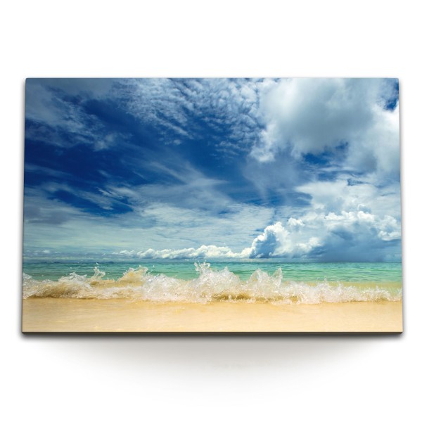 120x80cm Wandbild auf Leinwand Meer Strand Blau weiße Wolken Sommer Horizont