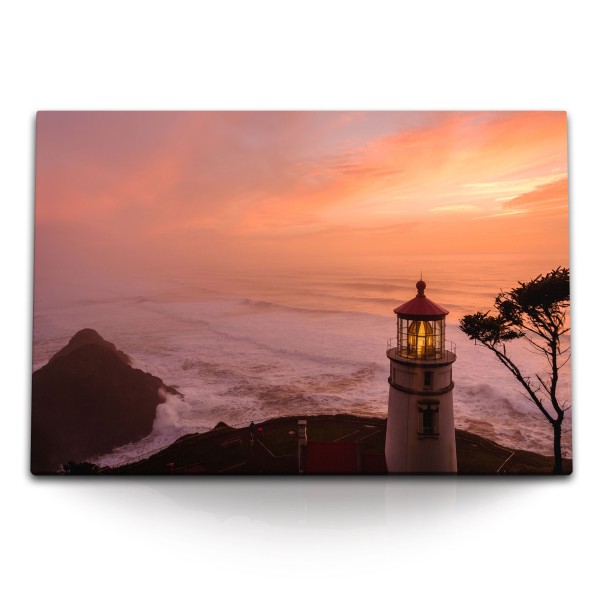 120x80cm Wandbild auf Leinwand Leuchtturm Ozean Horizont Wellen Abendrot Sonnenuntergang
