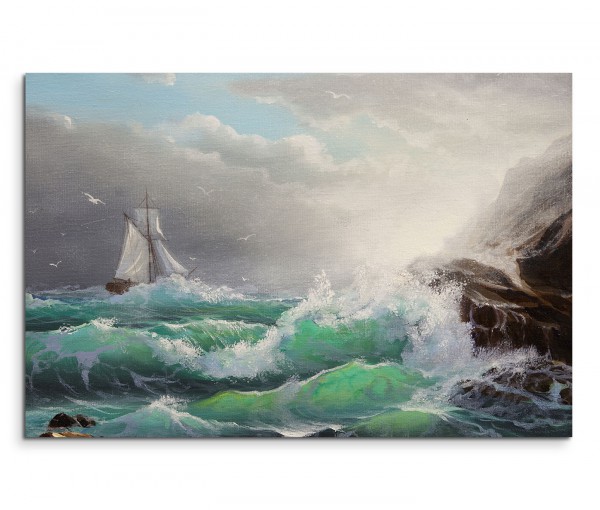120x80cm Wandbild Ölmalerei Meer Sturm Wellen Felsen Segelboot