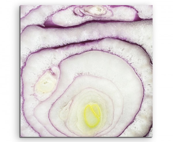 Food-Fotografie – Aufgeschnittene lila Zwiebel mit Ringen auf Leinwand