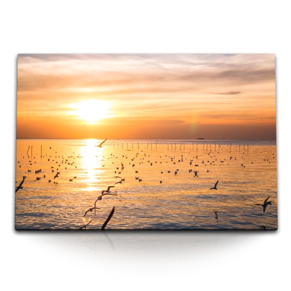 120x80cm Wandbild auf Leinwand Roter Horizont Meer Möwen Abendrot Sonnenuntergang