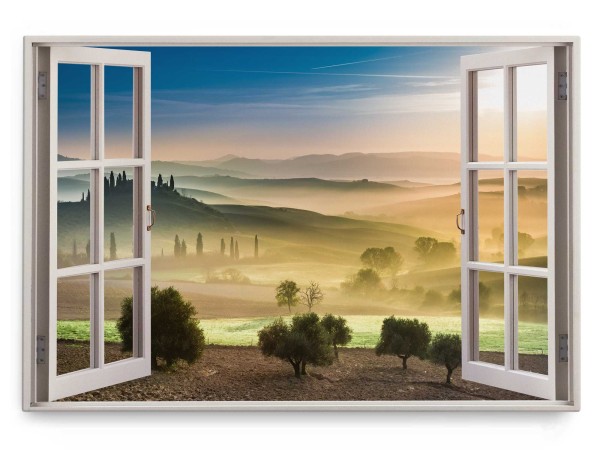 Wandbild 120x80cm Fensterbild Toskana Italien Natur Grün Landschaft Landhaus