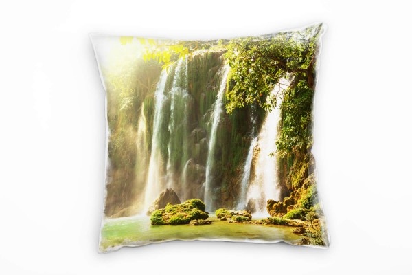 Natur, grün, gelb, türkis, Wasserfall, Vietnam Deko Kissen 40x40cm für Couch Sofa Lounge Zierkissen