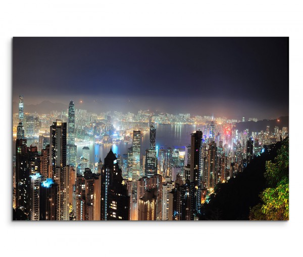 120x80cm Wandbild Hongkong Victoria Harbor Skyline Nacht Lichter