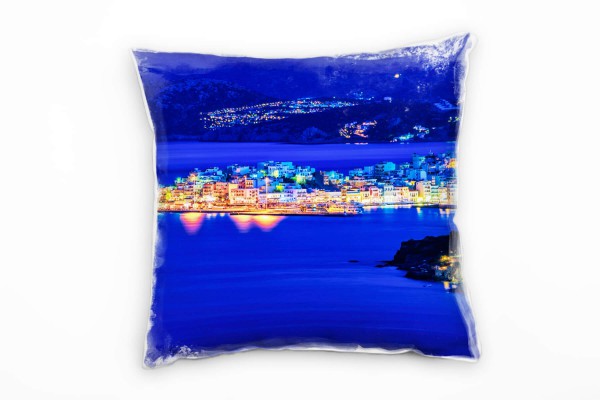 City, Griechenland, Nacht, blau, orange Deko Kissen 40x40cm für Couch Sofa Lounge Zierkissen