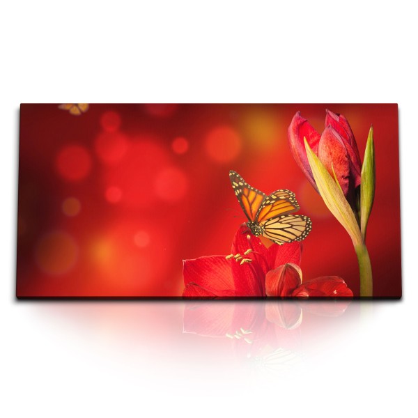 Kunstdruck Bilder 120x60cm Rote Blumen Blüten Schmetterlinge Rot