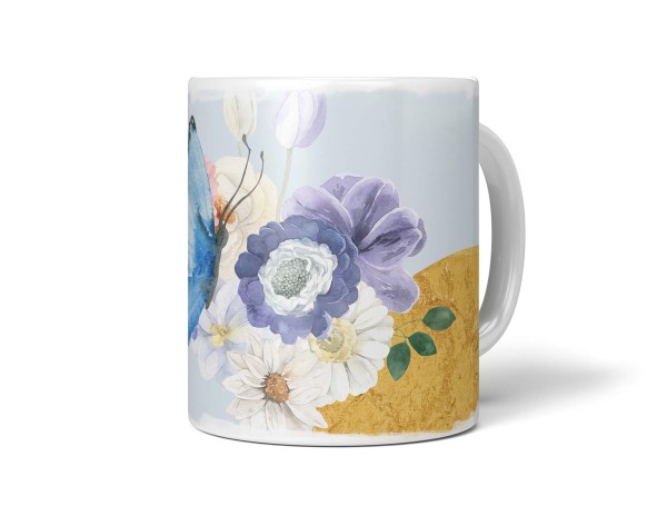 Dekorative Tasse mit schönem Motiv Schmetterling Blumen Frühling Sonne Gold
