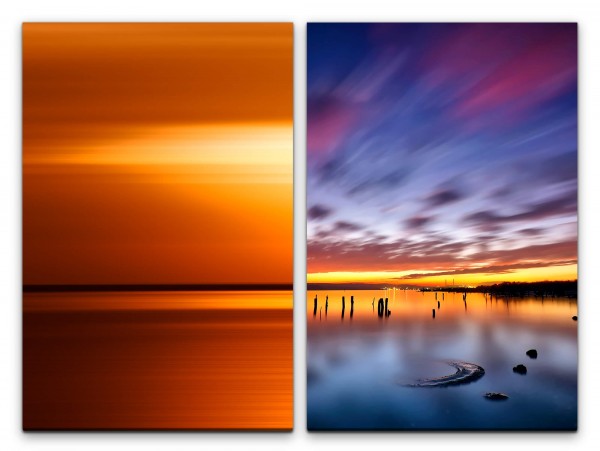 2 Bilder je 60x90cm Abendröte See Meer Sonnenuntergang Rot Wolken Abenddämmerung