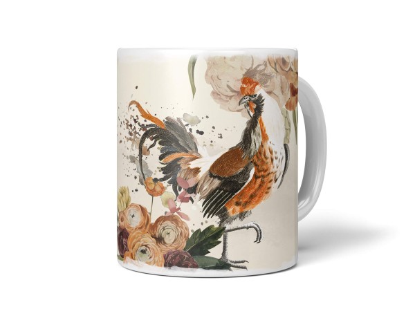 Dekorative Tasse mit schönem Vogel Motiv Hahn Blumen Kunstvoll Blumenstrauß Prachtvoll