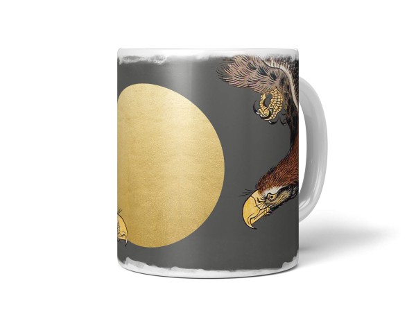 Dekorative Tasse mit schönem Vogel Motiv Adler Greifvogel Raubvogel Goldene Sonne asiatisches Design