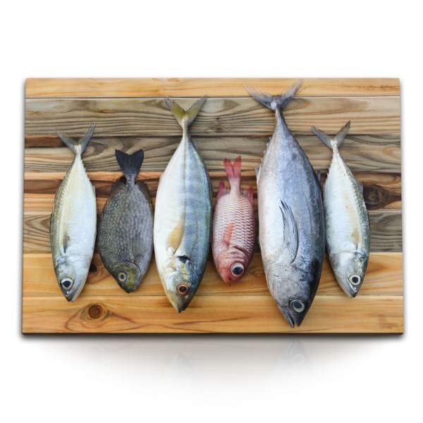 120x80cm Wandbild auf Leinwand Küchenbild Fisch Exotisch Kochen Küche Holz