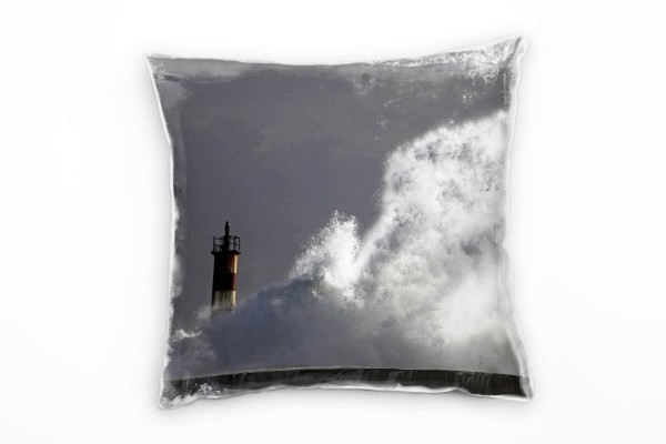 Meer, grau, Leuchtturm, Wellen, Portugal Deko Kissen 40x40cm für Couch Sofa Lounge Zierkissen