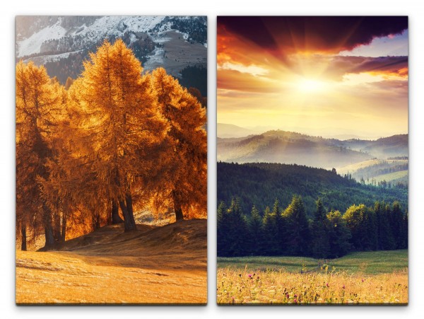 2 Bilder je 60x90cm Bäume Berglandschaft Sonnenuntergang Natur Unberührt Wolken Frieden