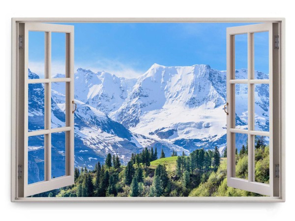 Wandbild 120x80cm Fensterbild Berge Gebirge Blau Weiß Schnee Natur Wald