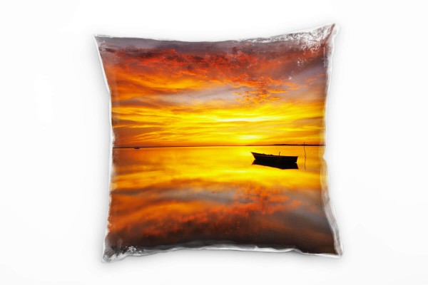 Meer, orange, rot, Boot, Spiegelung, Sonnenuntergang Deko Kissen 40x40cm für Couch Sofa Lounge Zierk
