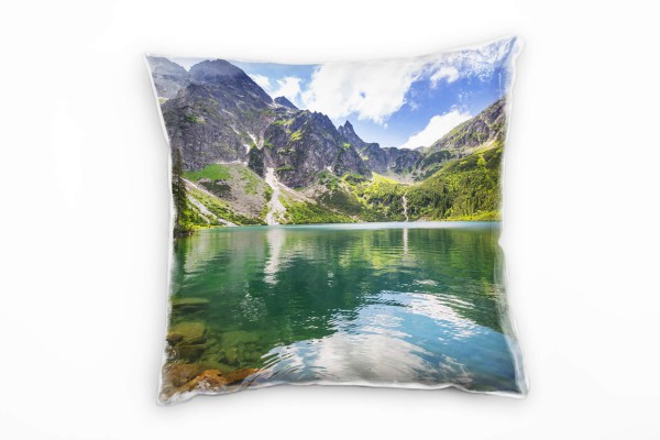Seen, Berge, Wasser, blau, helle Farben, grün Deko Kissen 40x40cm für Couch Sofa Lounge Zierkissen