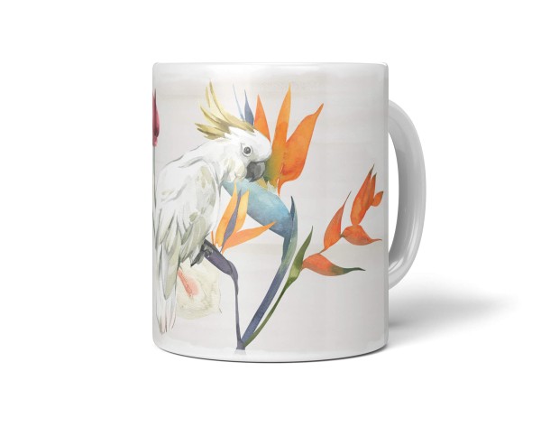 Dekorative Tasse mit schönem Vogel Motiv Kakadus Blumen Blüten Exotisch Kunstvoll Vintage