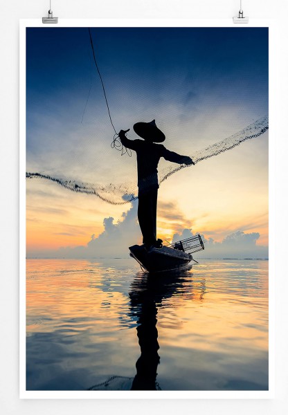 60x90cm Poster Arbeiterfotografie  Fischer mit fliegendem Netz