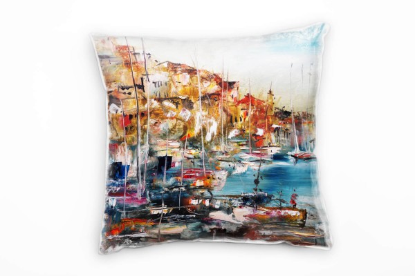 City, Hafen, Boote, gemalt, blau, braun Deko Kissen 40x40cm für Couch Sofa Lounge Zierkissen