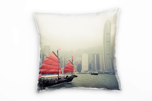Urban und City, rot, beige, Segelboot, Asien, Hongkong Deko Kissen 40x40cm für Couch Sofa Lounge Zie