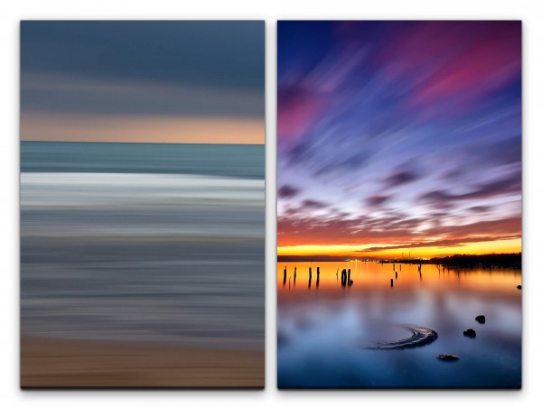 2 Bilder je 60x90cm Horizont Abstrakt Minimal Meer Sonnenuntergang Sommer Abenddämmerung
