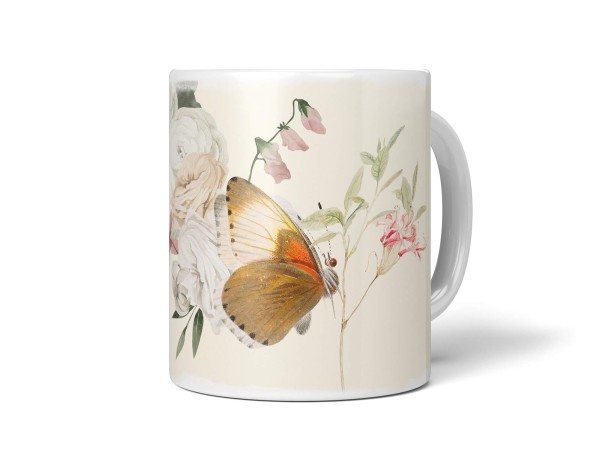 Dekorative Tasse mit schönem Motiv Schmetterling Blumen Blüten Sommer Frühling Beige