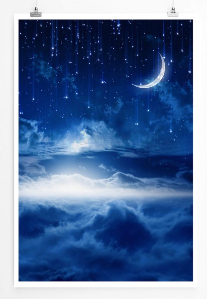 Fotocollage 60x90cm Poster Sternenhimmel mit Mondsichel und Sternen