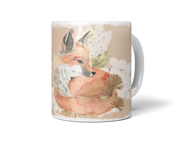 Tasse Porzellan Tier Motiv Fuchs Blumen Blüten Wasserfarben Kunstvoll