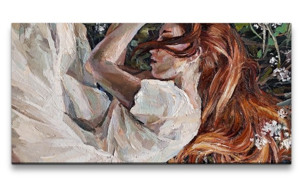 Leinwandbild 120x60cm Junge Frau im Blumenfeld schlafende Schönheit Malerisch