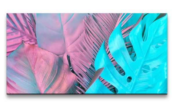 Leinwandbild 120x60cm Blätter Neonfarben Kunstvoll Fine Art Dekorativ