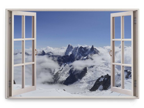 Wandbild 120x80cm Fensterbild Schneegipfel über den Wolken Weiß Berg Schnee