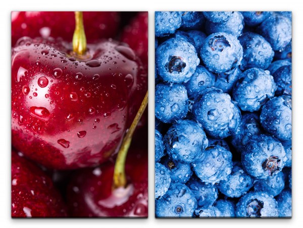 2 Bilder je 60x90cm Kirschen Blaubeeren Früchte Süß Lecker Frisch Küche