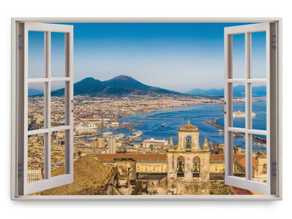 Wandbild 120x80cm Fensterbild Neapel Italien Küstenstadt Vulkan Berge Meer
