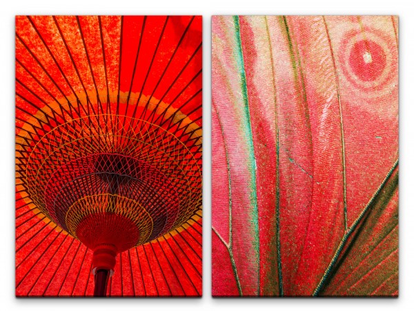2 Bilder je 60x90cm Sonnenschirm Papierschirm Asien Rot Traditionell Sommer Dekorativ