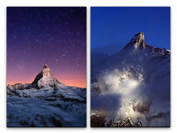 2 Bilder je 60x90cm Matterhorn Berggipfel Winter Nachthimmel Berge Sternenhimmel Alpen