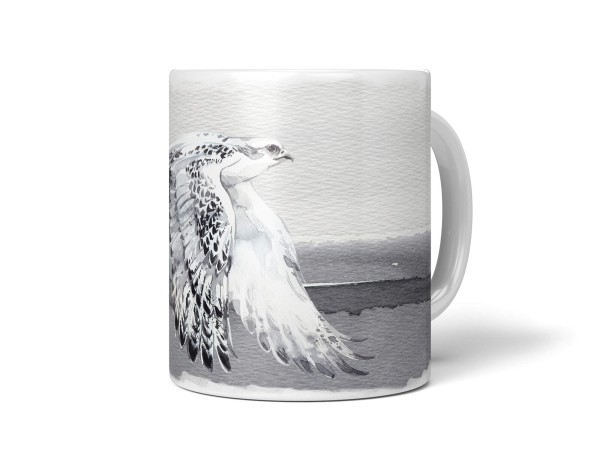 Dekorative Tasse mit schönem Vogel Motiv weißer Falke Wasserfarben Aquarell Majestätisch