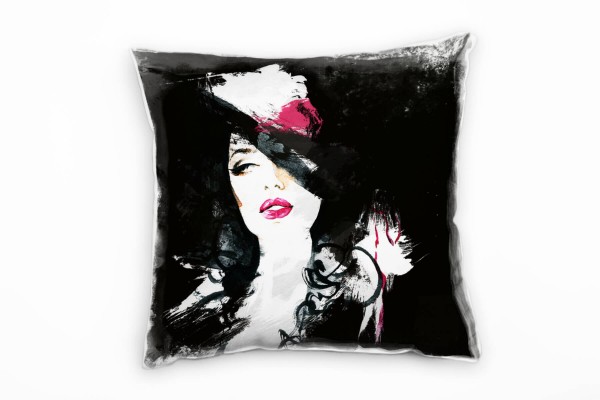 Abstrakt, schwarz, weiß, pink, Frau, gemalt, Mode Deko Kissen 40x40cm für Couch Sofa Lounge Zierkiss