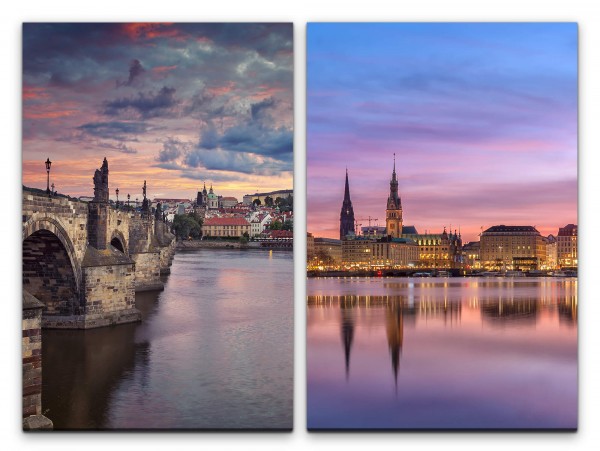 2 Bilder je 60x90cm Karlsbrücke Prag Altstadt Historisch Moldau Fluss Abenddämmerung