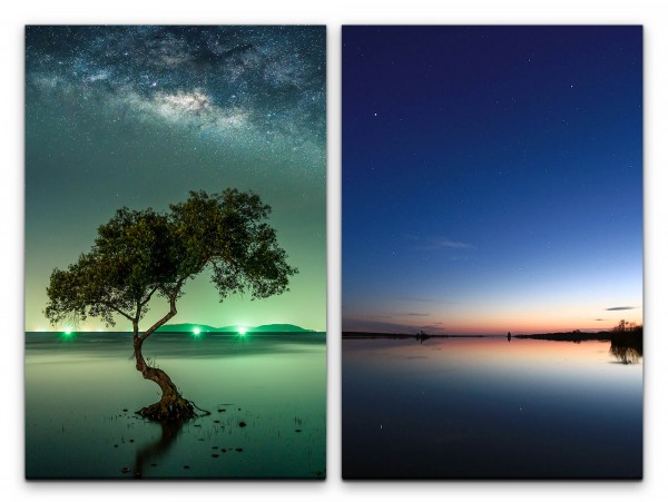 2 Bilder je 60x90cm einsamer Baum Milchstraße Galaxie See Grün Blau Abenddämmerung