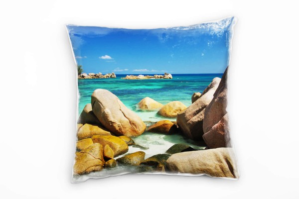 Strand und Meer, Steine, Türkises Wasser, blauer Himmel Deko Kissen 40x40cm für Couch Sofa Lounge Zi