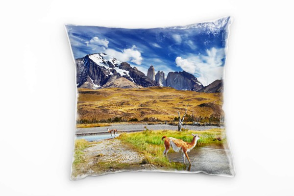 Landschaft, braun, blau, Berge, Tiere, Wasser Deko Kissen 40x40cm für Couch Sofa Lounge Zierkissen