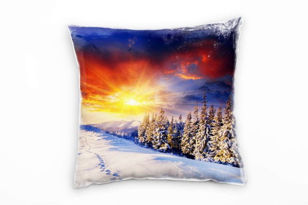 Winter, weiß, orange, blau, schneebedeckter Wald Deko Kissen 40x40cm für Couch Sofa Lounge Zierkisse