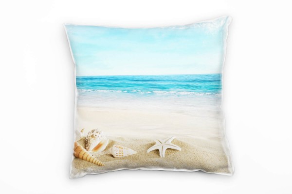 Strand und Meer, beige, türkis, Muscheln, Sand Deko Kissen 40x40cm für Couch Sofa Lounge Zierkissen