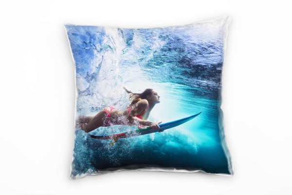 Meer,Surferin, Unterwasser, Welle, blau, pink Deko Kissen 40x40cm für Couch Sofa Lounge Zierkissen