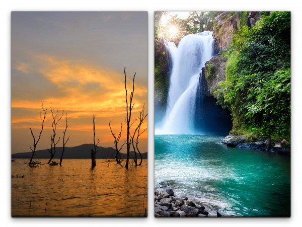 2 Bilder je 60x90cm Meer Natur Wasserfall Thailand Asien roter Himmel Abenddämmerung